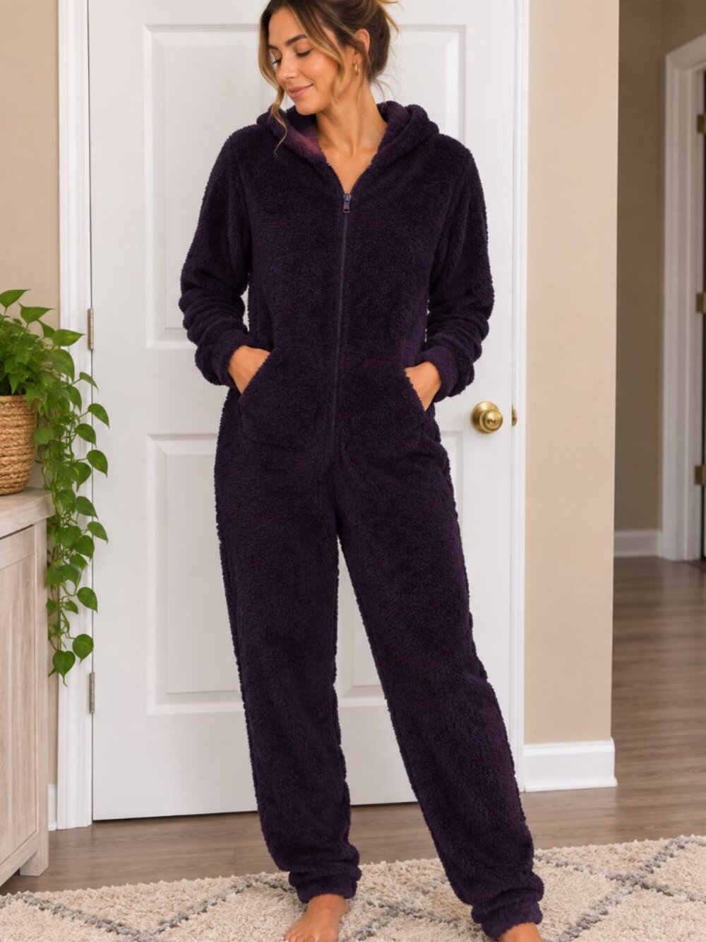 Cozy Fleece Hooded Jumpsuit Romper One Piece Black Soft Lounge NWOT